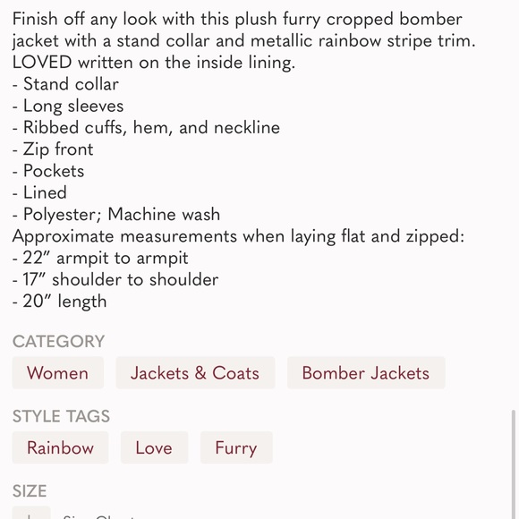 Spiritual Gangster Cropped Furry Bomber Zip Jacket Rainbow Trim Black Size Large - Picture 12 of 12